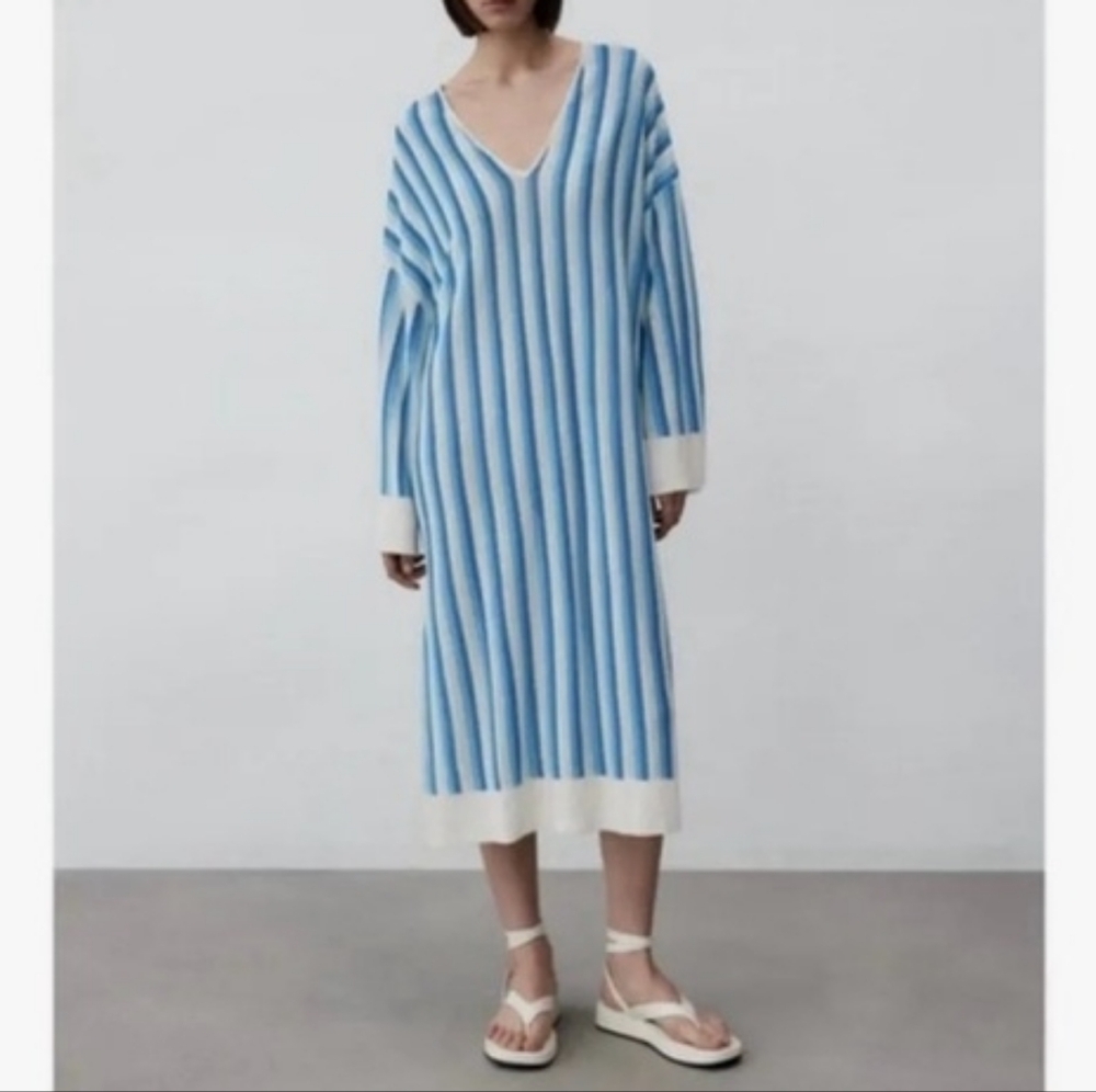 ZARA | Linen Knit V-Neck Blue White Striped Summer Loose Tunic Dress Swim | M‎